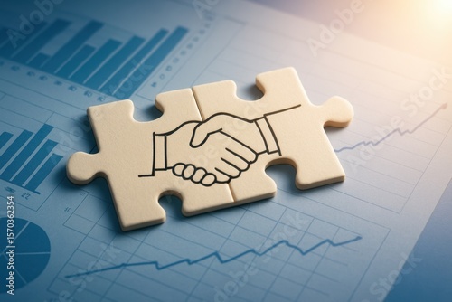 Business Partnership Concept with Puzzle Piece and Handshake Illustration on Financial Chart Background