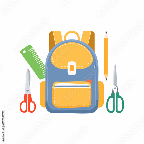 A cheerful school supplies graphic featuring a backpack with a ruler, pencil, and scissors suitable for back to school designs.