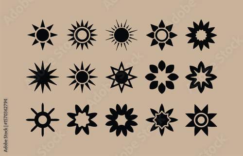 A collection of fifteen black stylized sun and starburst icons arranged in three rows against a muted beige background offering a variety of graphic design elements