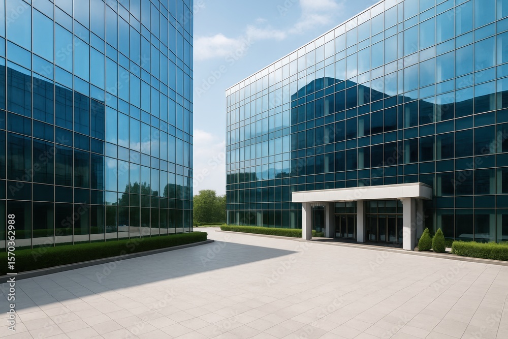 Fototapeta premium Modern Glass Facade of Office Buildings with Reflection and Clear Blue Sky on a Sunny Day in an Urban Setting