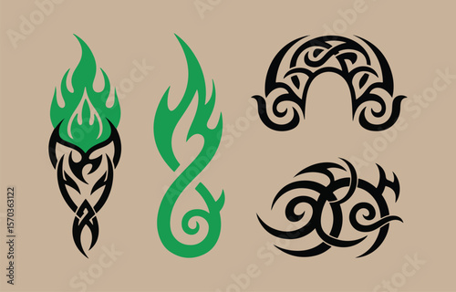 Collection of four tribal tattoo designs featuring flame motifs and abstract swirling patterns in black and green on a neutral background