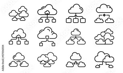 Collection of cloud computing icons illustrating network connections and data storage in simple line art