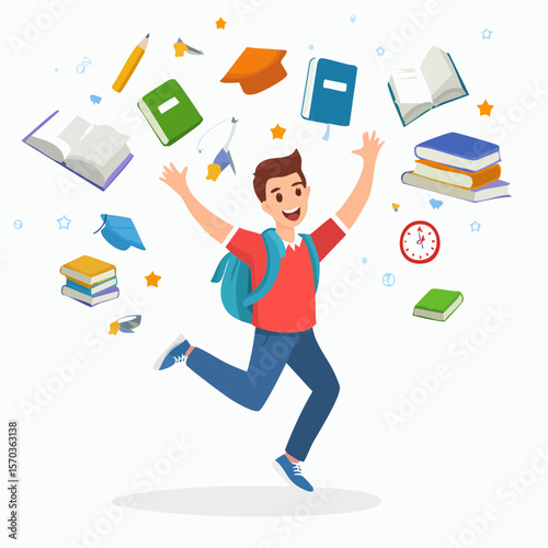 Joyful student jumps with books and school supplies in this dynamic, scalable educational design suitable for back to school projects.