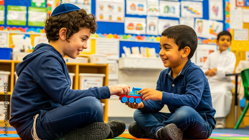 A young boy wearing a kippah sharing his toys with his Cristian friend in a scene full of tolerance and friendship