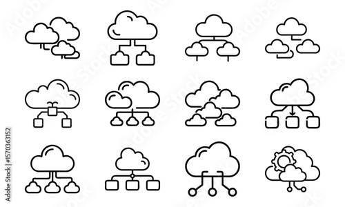 Collection of cloud computing icon graphics depicting data storage and technology connections