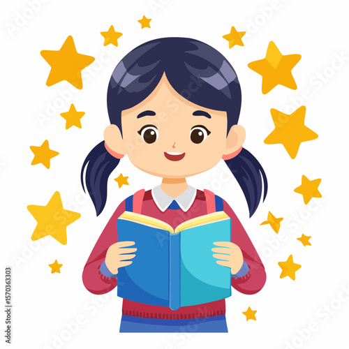 A delightful girl character reading a book surrounded by stars, perfect for educational materials or children's designs and illustrations.