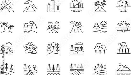 Nature and landscape line icons set – outline, vector, scenery, environment symbols