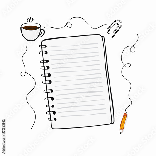 Creative workspace design featuring a notepad, pencil, coffee cup, and paperclip for use in various design projects.