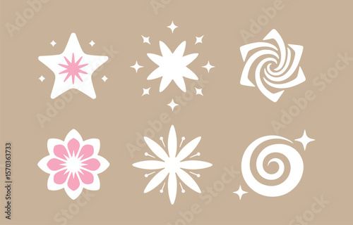 A collection of six stylized graphic elements including stars flowers and spirals in white and pink on a muted beige background