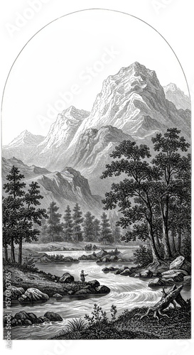 Vintage Mountain Landscape Illustration Clear Sky Trees River