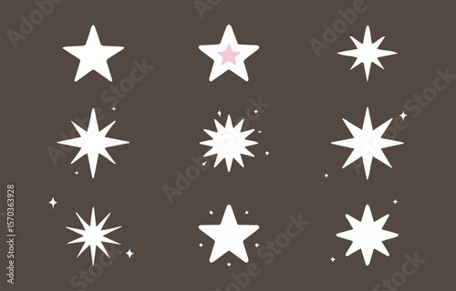 A collection of nine stylized stars and sparkling elements in various shapes and sizes arranged in a grid on a dark brown background evoking a sense of wonder and celebration
