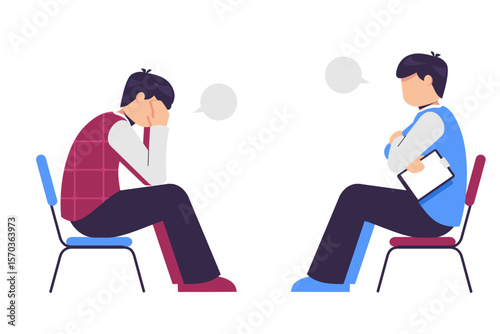 sad man talking with psychologist . Mental health, psychologist consultation and help. Vector illustration