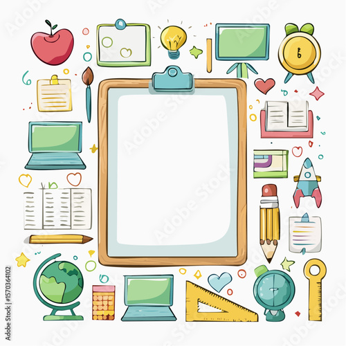 Charming school themed frame with apple, globe, clock, and other colorful education icons to creatively highlight your back to school designs.