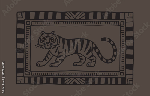 A stylized black line drawing of a tiger with bold stripes walking within a decorative border on a muted brown background