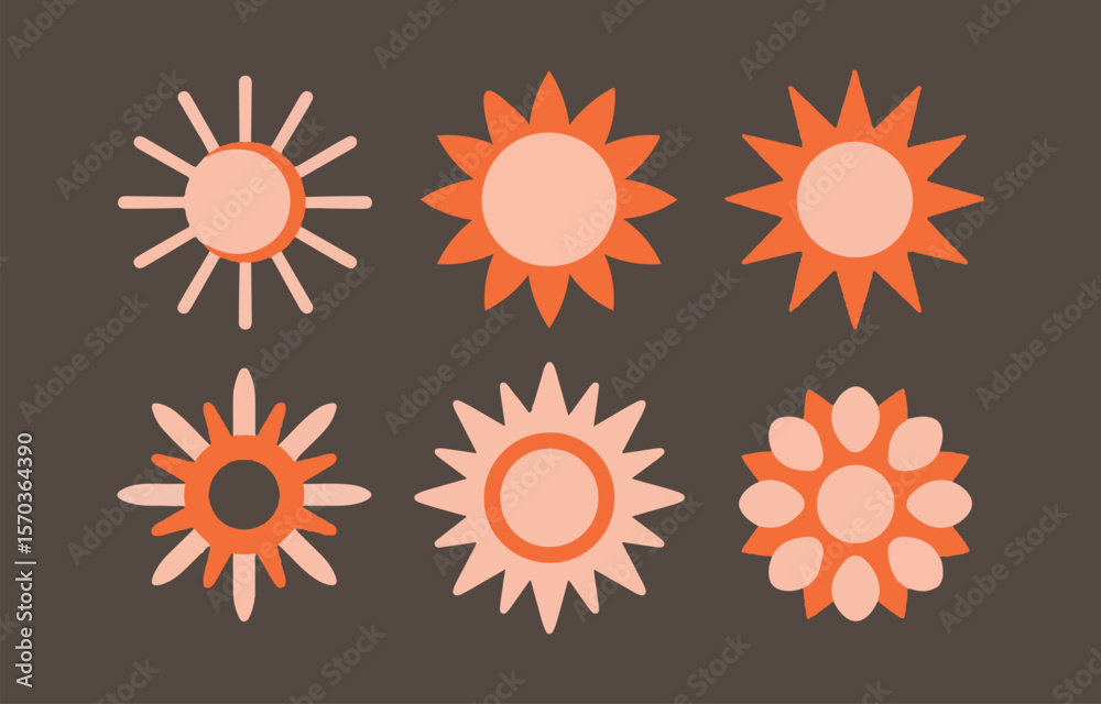 Fototapeta premium A collection of six stylized suns in shades of orange and pink arranged in two rows against a dark brown background showcasing a simple graphic design