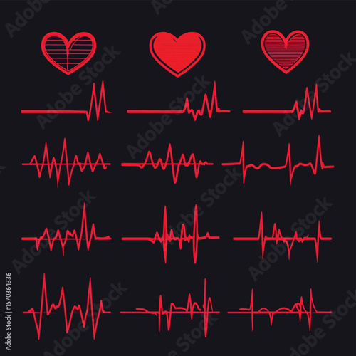 Red heartbeat line collection with heart symbol