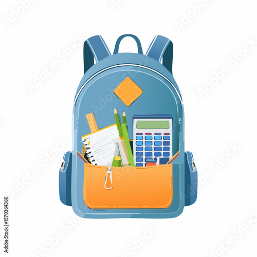 Back to school design featuring a backpack filled with school supplies such as notebooks, pencils, calculator, and a ruler.
