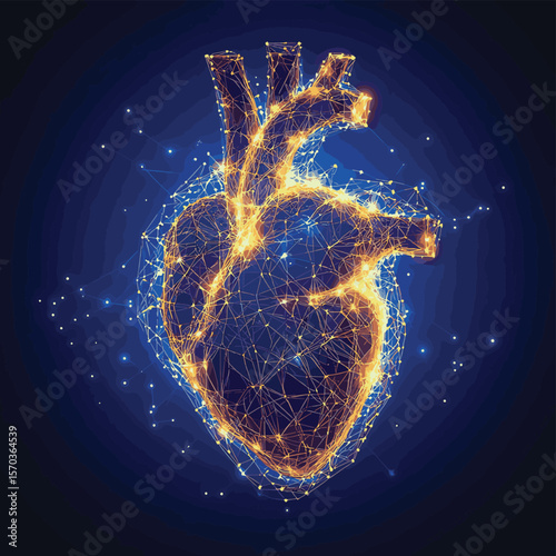 Human heart anatomy form lines and triangles, point connecting network on blue background. Illustration vector, vector style simple color