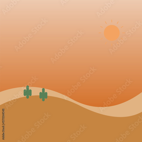 Minimalist Desert Landscape with Cacti and Sunburst