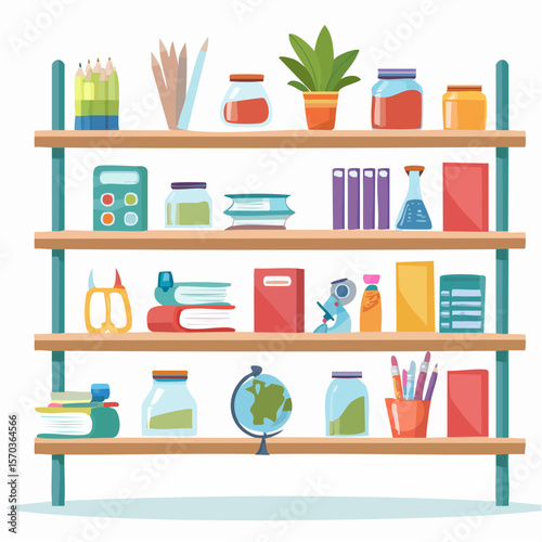 Bookshelf scene with school supplies for educational projects, a vibrant and charming graphic perfect for learning resources, or back to school designs.