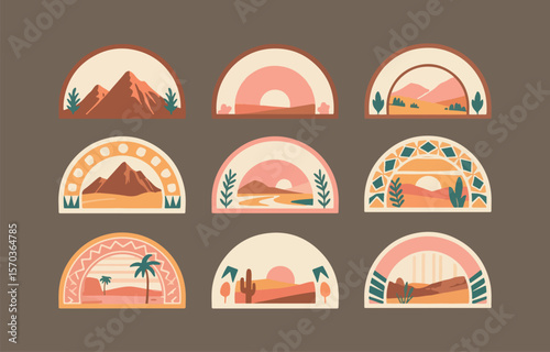 A collection of nine abstract desert landscape illustrations in a retro style featuring mountains cacti palm trees and sunsets within arched frames