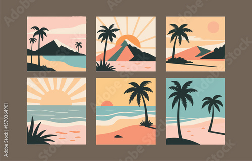 Collection of six minimalist retro tropical beach and mountain landscape illustrations featuring palm trees sunrises sunsets and ocean waves in a muted color palette
