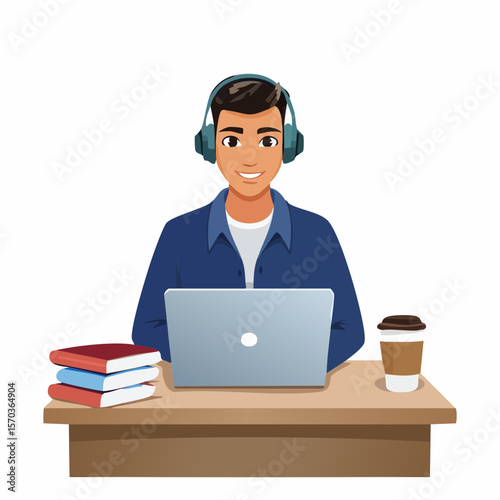A cartoon man with headphones working on a laptop surrounded by books and coffee, suitable for remote work or study concepts.