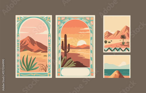 Collection of stylized desert landscapes featuring cacti mountains and sunsets in a retro art deco inspired design with a muted color palette