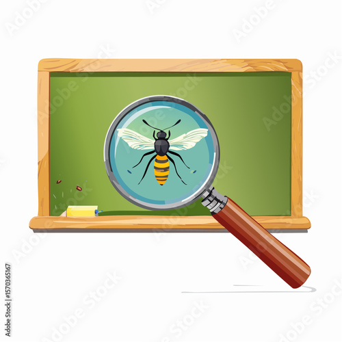 A study of bees showcased with a magnifying glass against a school chalkboard, ideal for educational purposes and related designs.