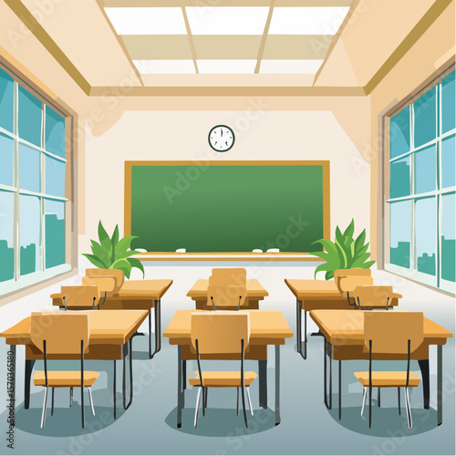 Depicts a bright classroom design, ideal for educational content, posters, or background graphics with desks and a blackboard.