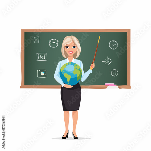 A teacher character stands in front of a blackboard holding a globe, perfect for educational content related to geography or school.