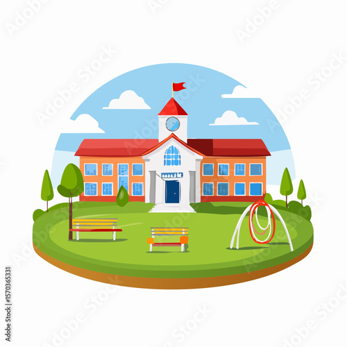 An elementary school building with playground elements in a flat style design suitable for education and academic projects, adding a cheerful mood.
