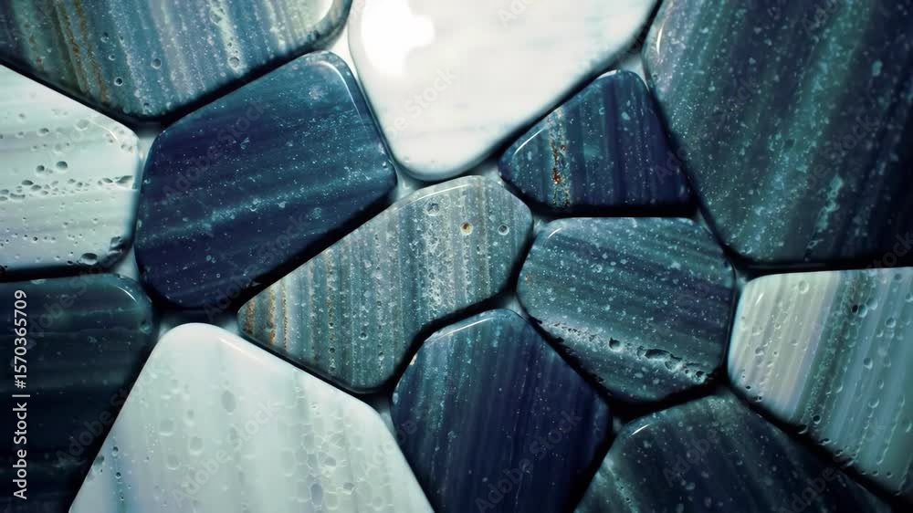 Smooth polished stones in varying blue shades create a mesmerizing abstract pattern The interlocking shapes form a natural artistic texture