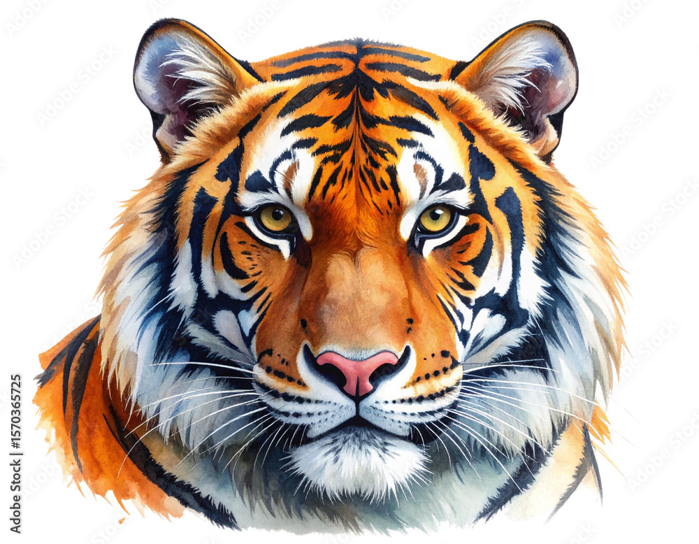 Fototapeta premium Watercolor Illustration of Majestic Tiger Head Close-Up, isolated on transparent background PNG