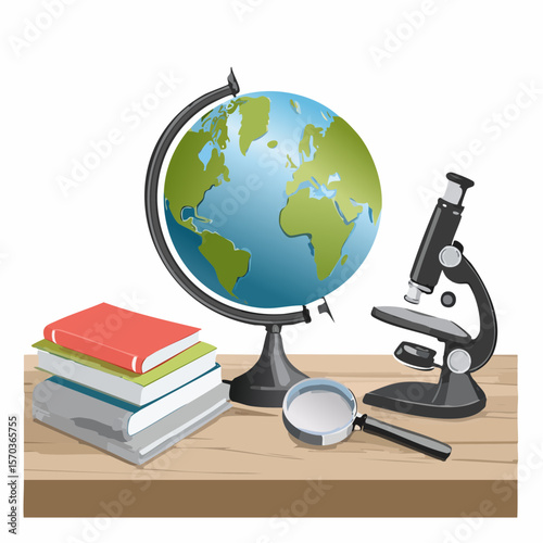 Explore knowledge with this study graphic featuring a globe, microscope, magnifying glass and books, perfect for educational themed designs.