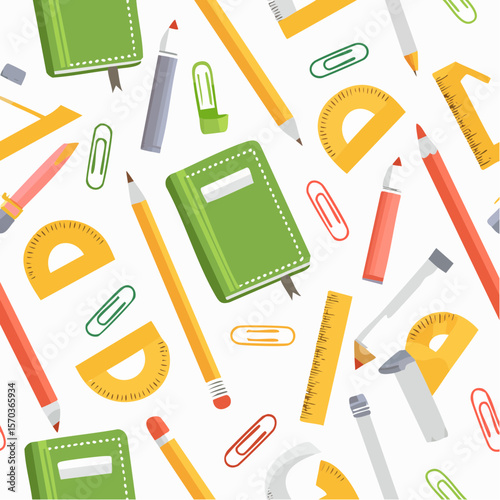 Colorful school supplies in seamless pattern, perfect for educational projects and back to school designs with bright pencils and notebooks.