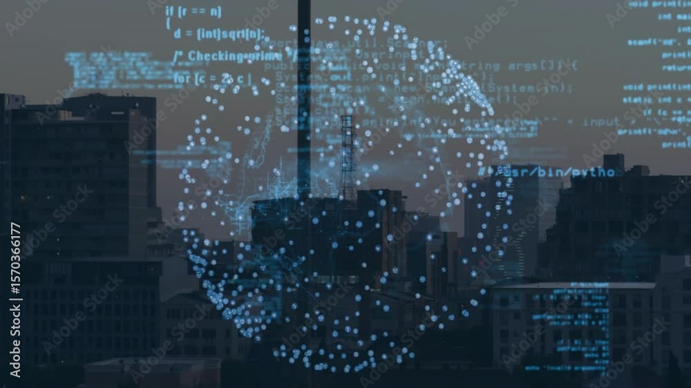 Blue code appearing over city starting 3D sphere rotating pulsing fading showing data streams