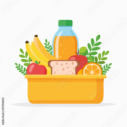 Healthy lunchbox design features a balanced assortment of fruits, juice, and sandwich, promoting nutrition and well-being.