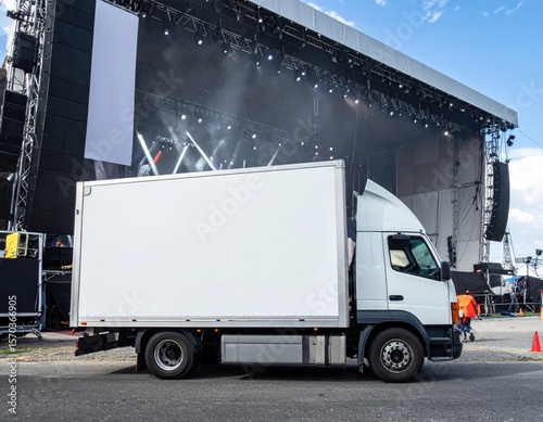 White delivery truck at outdoor concert stage