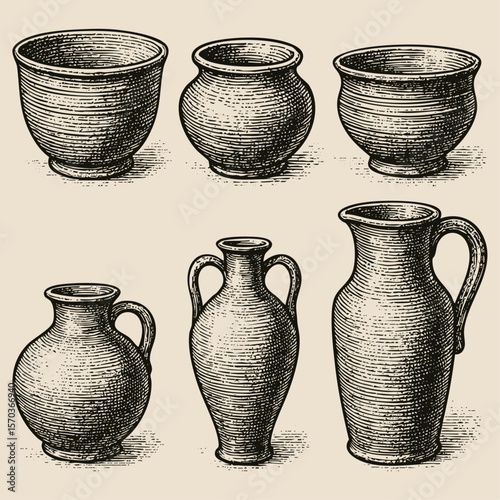 Vintage Pottery Set Illustration, Detailed Hand Drawn Ink Engraving of Antique Clay Vessels