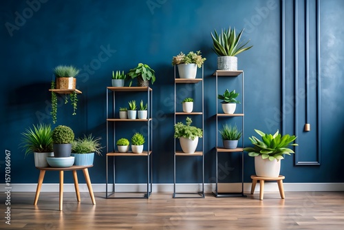 A collection of various potted plants arranged on shelving units and a small table against a deep blue wall
