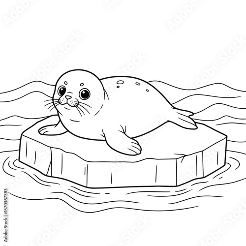 A cheerful seal with big eyes and whiskers relaxes on cracked floating ice, surrounded by wavy water.