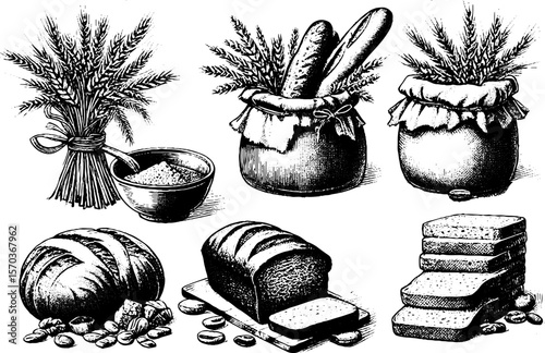 Vintage illustrations of bread, wheat, and baking ingredients  
