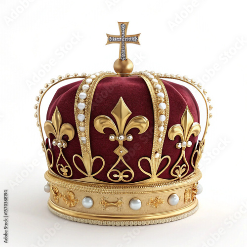 Luxurious Royal Crown with Gold Fleur-de-Lis, Pearls, and a Jeweled Cross isolated on white background