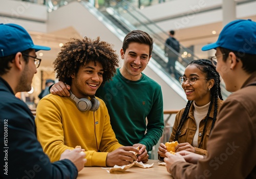 Four young people are eating and socializing at a table in a public indoor space like a food court, likely during the daytime, enjoying a social gathering and sharing a meal.