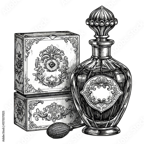 Vintage Perfume Bottle with Ornamental Box Illustration Transparent