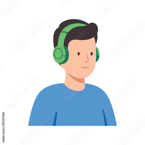 Young Man with Green Headphones Listening to Music