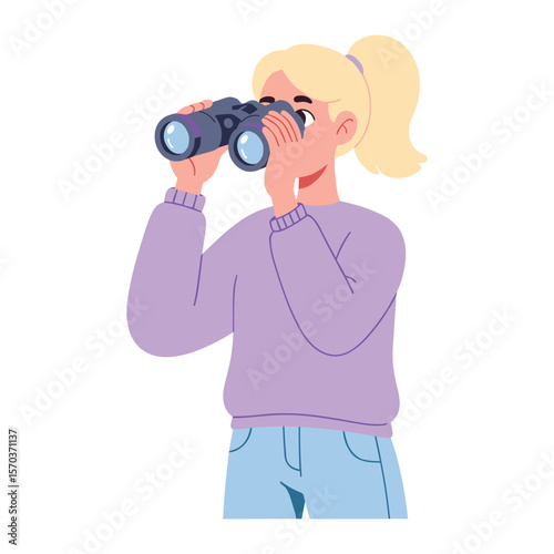 Blonde Woman with Ponytail Using Binoculars