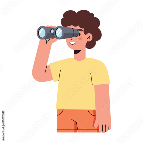 Boy with Curly Hair Using Binoculars for Exploration