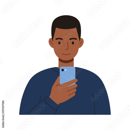 Darkskinned Man in Blue Shirt Using Light Blue Smartphone